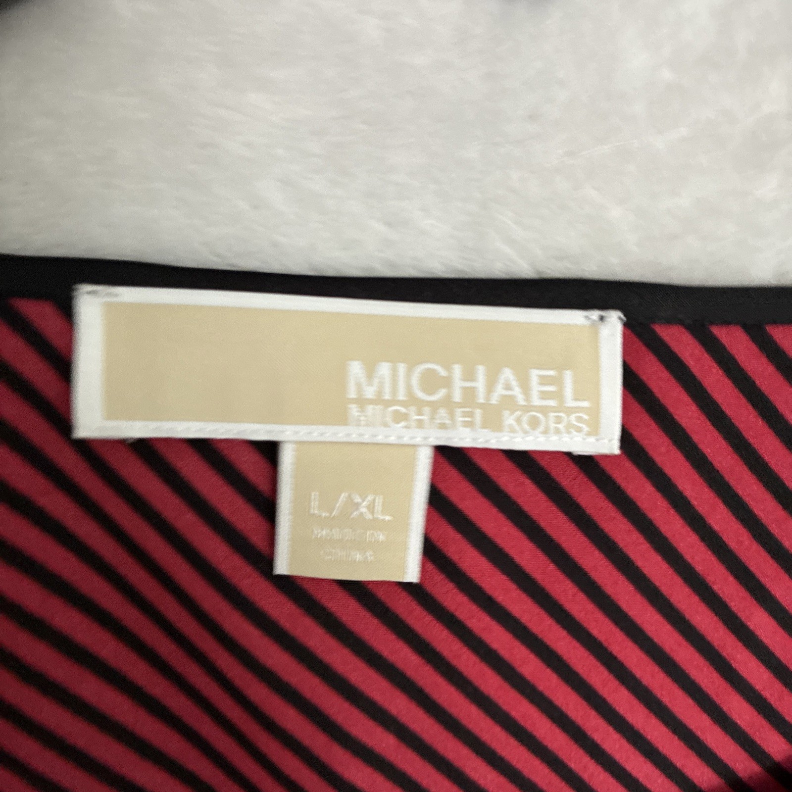 Michael Kors Womans Blouse Top Red Striped Large XL Polyester Short Sleeve