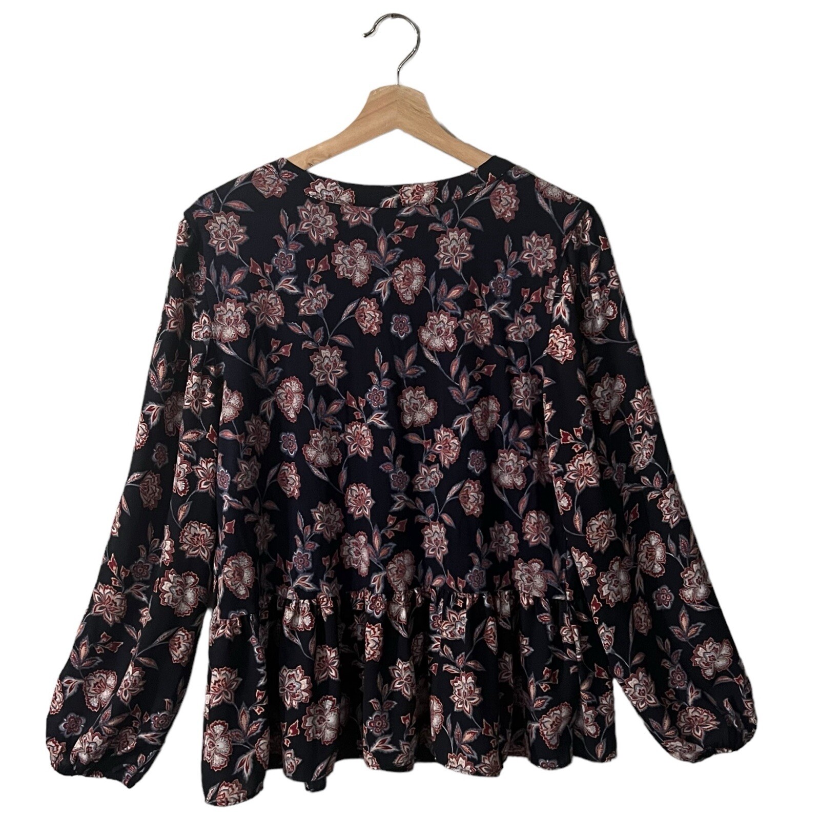 LOFT Blouse Size Small Floral Babydoll Drop Skirted Hem Navy Blue