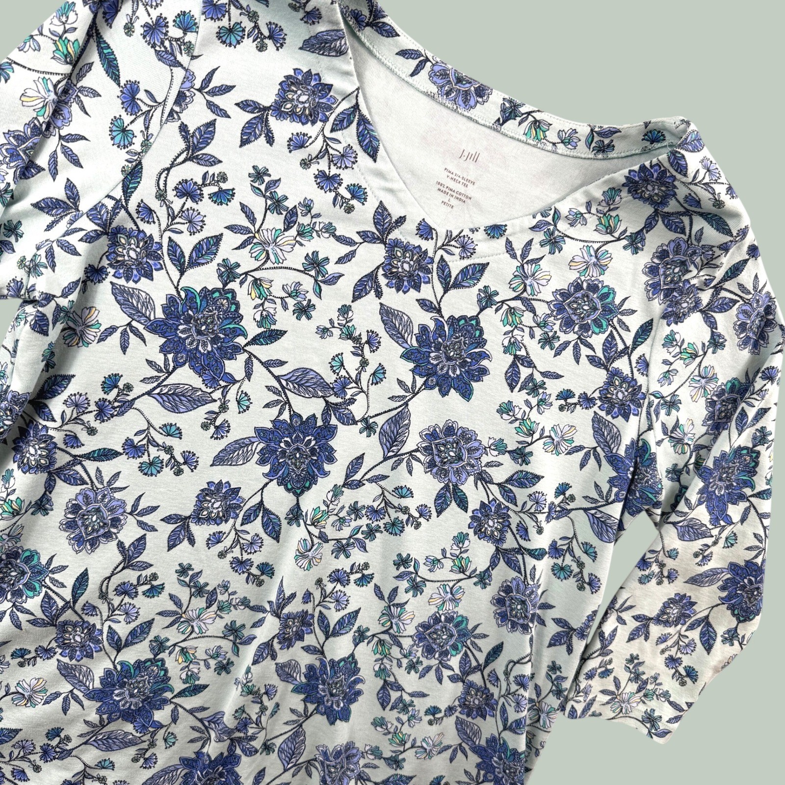 J. Jill V-Neck Tee Women LP Blue Floral Pima Cotton 3/4 Sleeve Casual Soft Top
