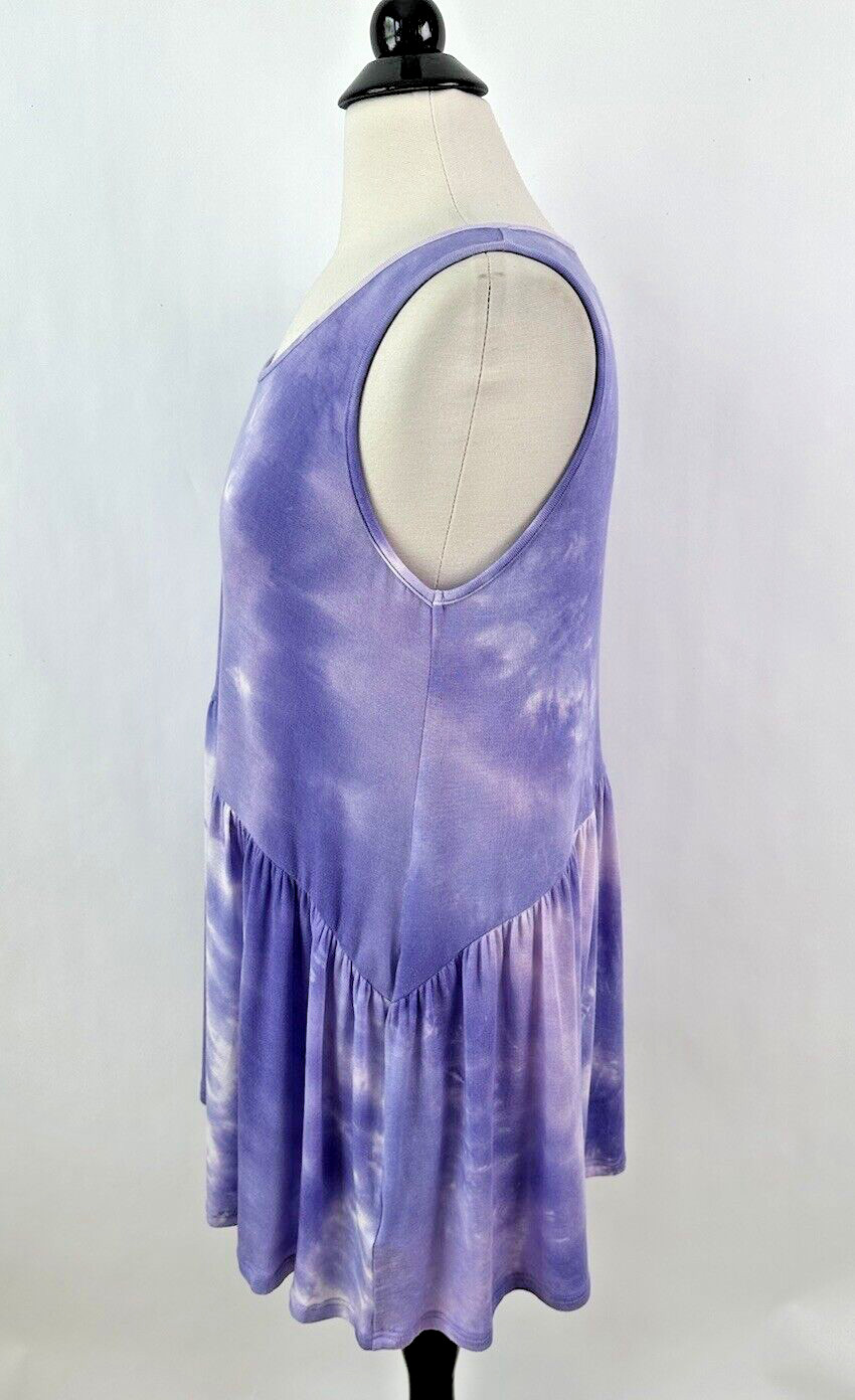 Easel Tie Dye Babydoll Tank Purple White Soft Stretch Sleeveless Sz M NWT Top