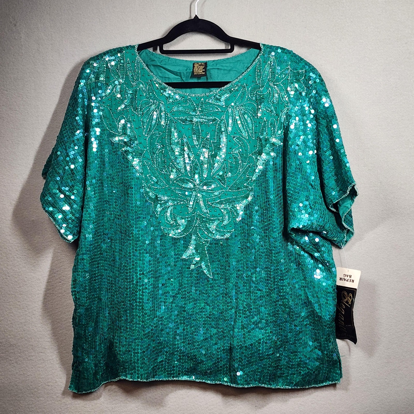 Elegance By Anujan Silk Beaded Top Womens 20 Green Sequin Blouse Formal Vintage