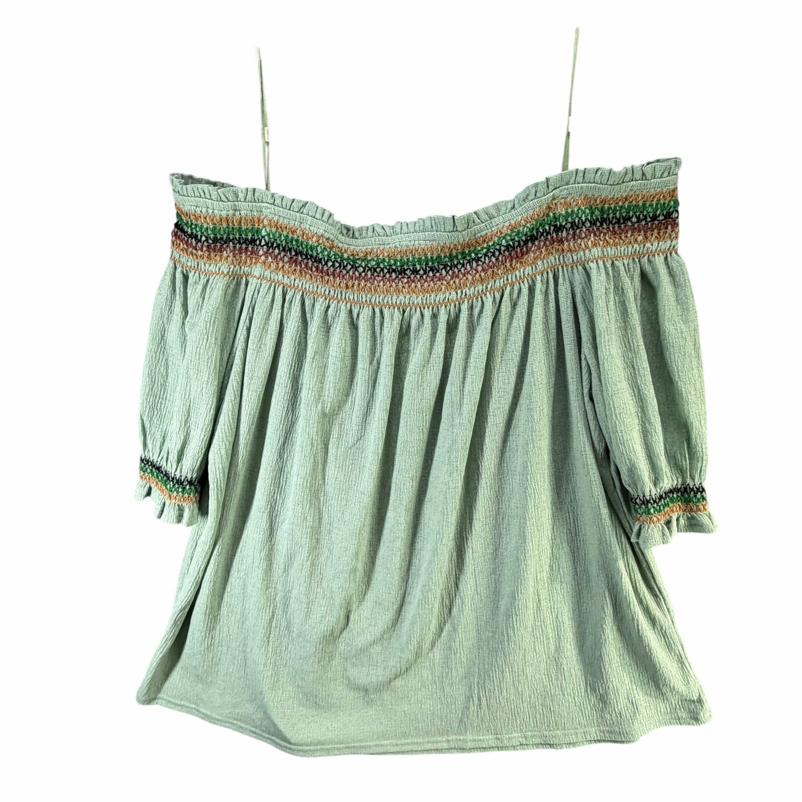 Flower & Feather Off Shoulder Top Women 3XL Light Green Embroidered Peasant Boho