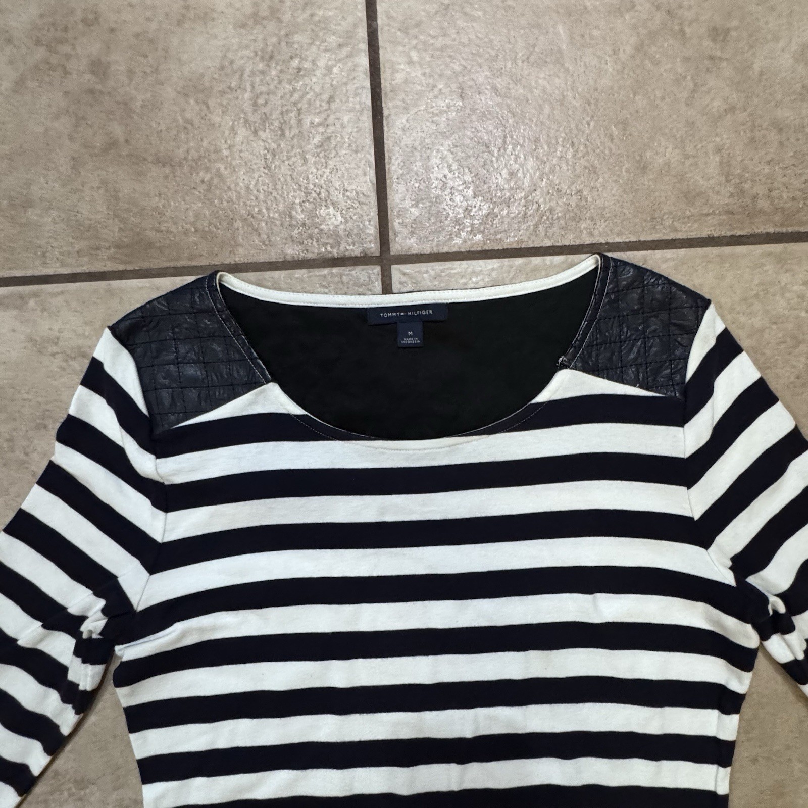 Womens Tommy Hilfiger Gray & Black Striped Boat Neck Shirt 100% Cotton Medium