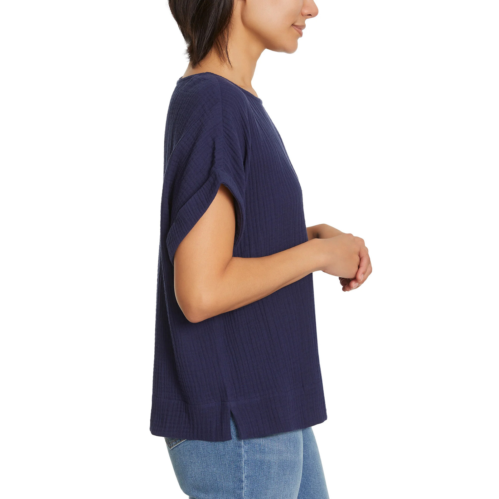 Gloria Vanderbilt Women’s Cotton Gauze Pullover Top Double Rolled Cuff Sleeve