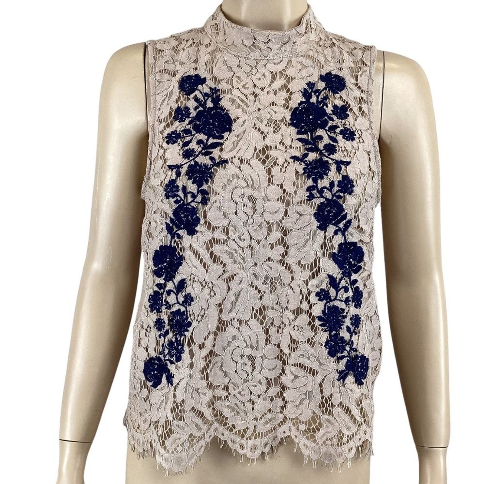 Haute Monde Tan Lace Sleeveless Top Blouse Navy Embroidery Size Medium