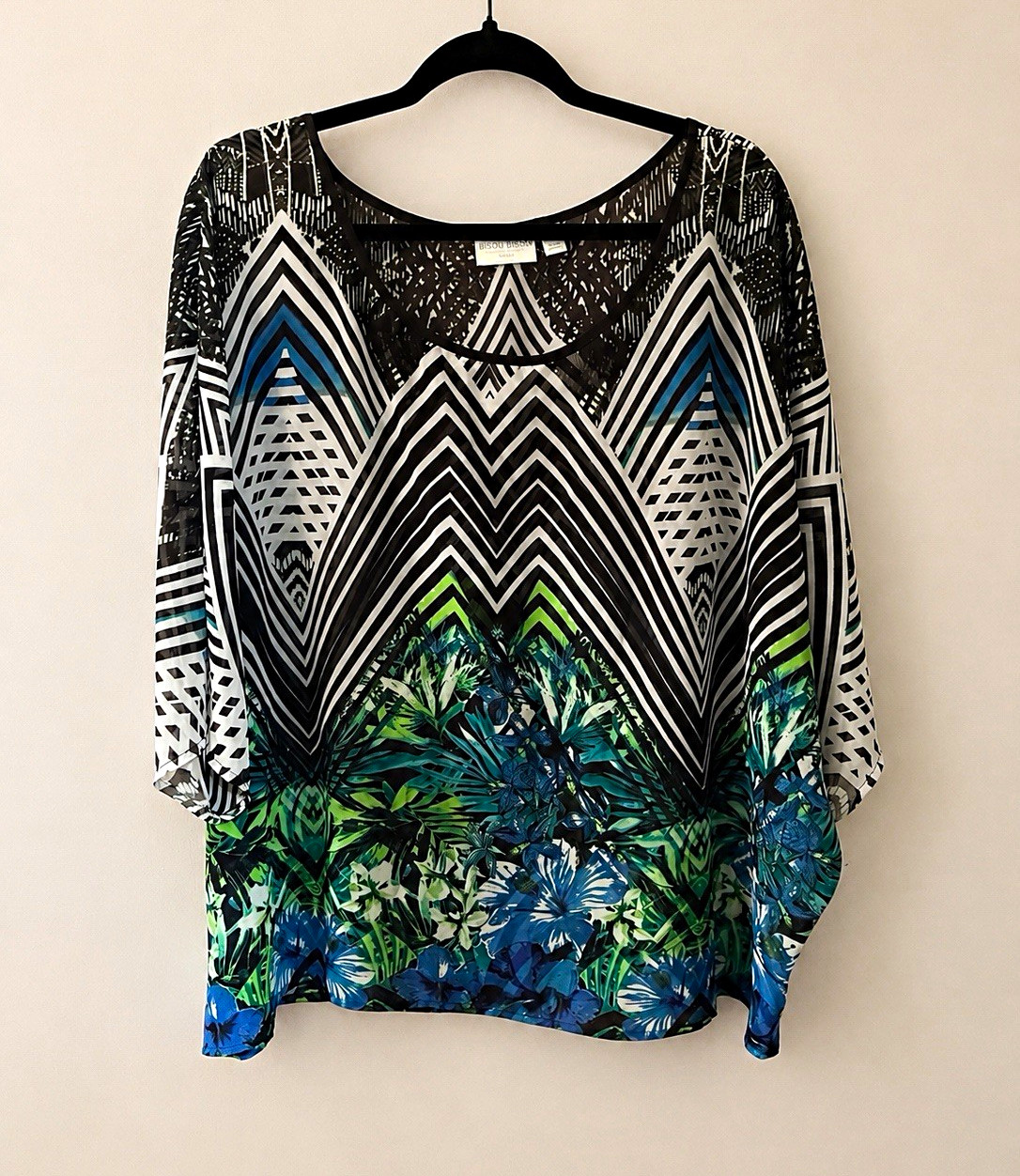 Bisou Bisou 2X Plus Multicolor Geometric Scoop Neck Dolman 3/4 Blouse