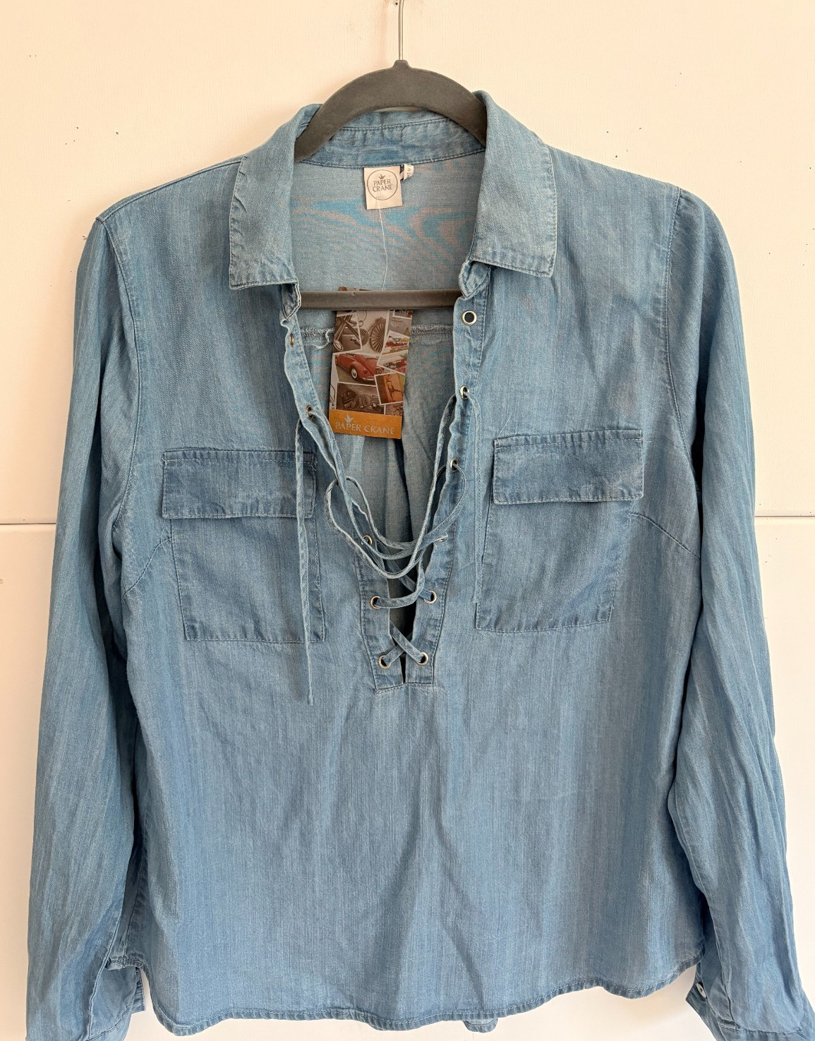 Paper Crane Woman Chambray Lace Up Low V-Neckline Long Sleeve Blouse Top Size S