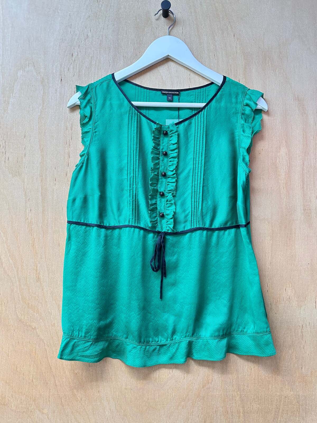 M&S UK 14 Green Pintuck Crinkle Silk Chiffon Button Detail Peasant Blouse