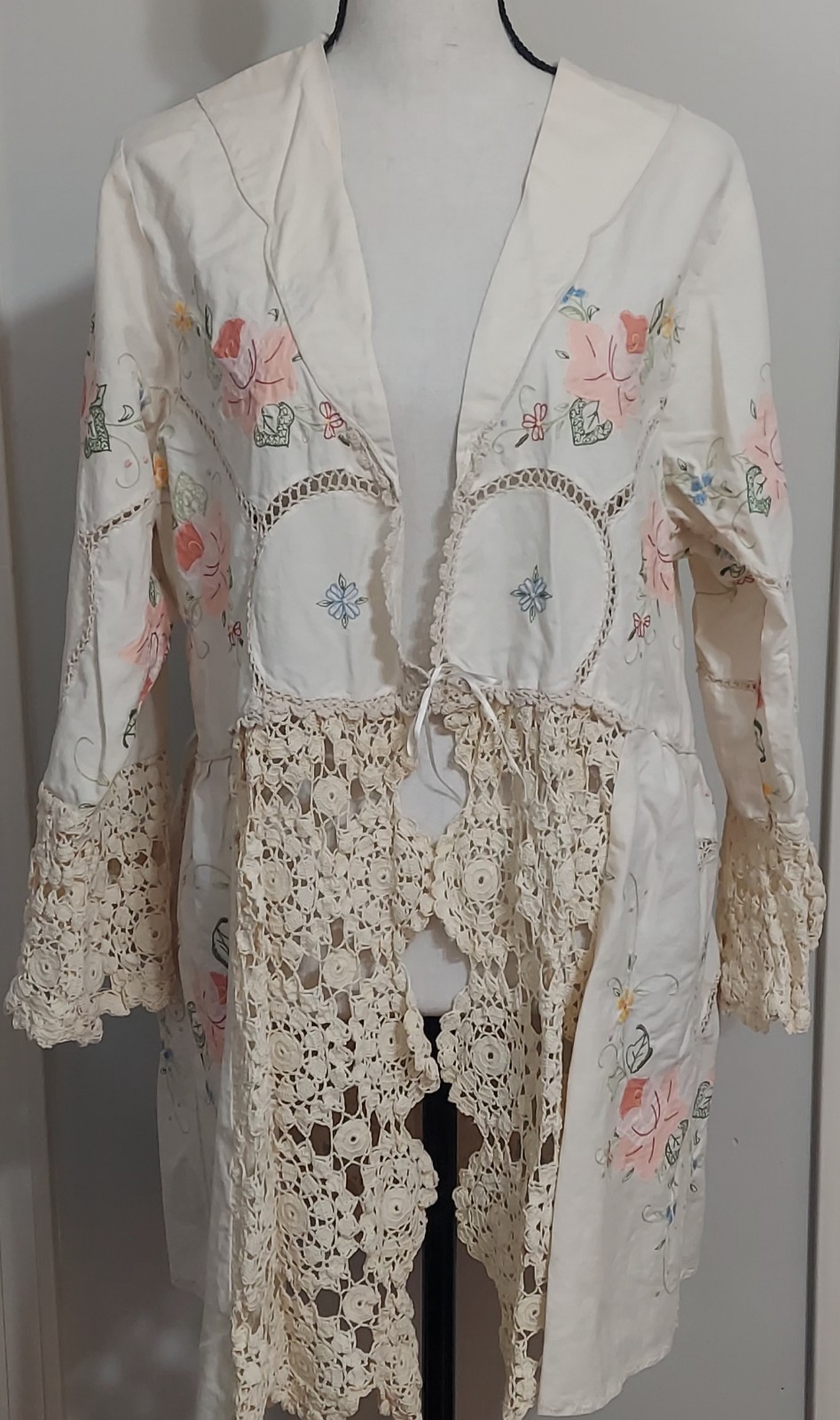 Vintage Upcycled Kimono Blouse Handmade Crochet & Embroidered Tablecloth OSFM