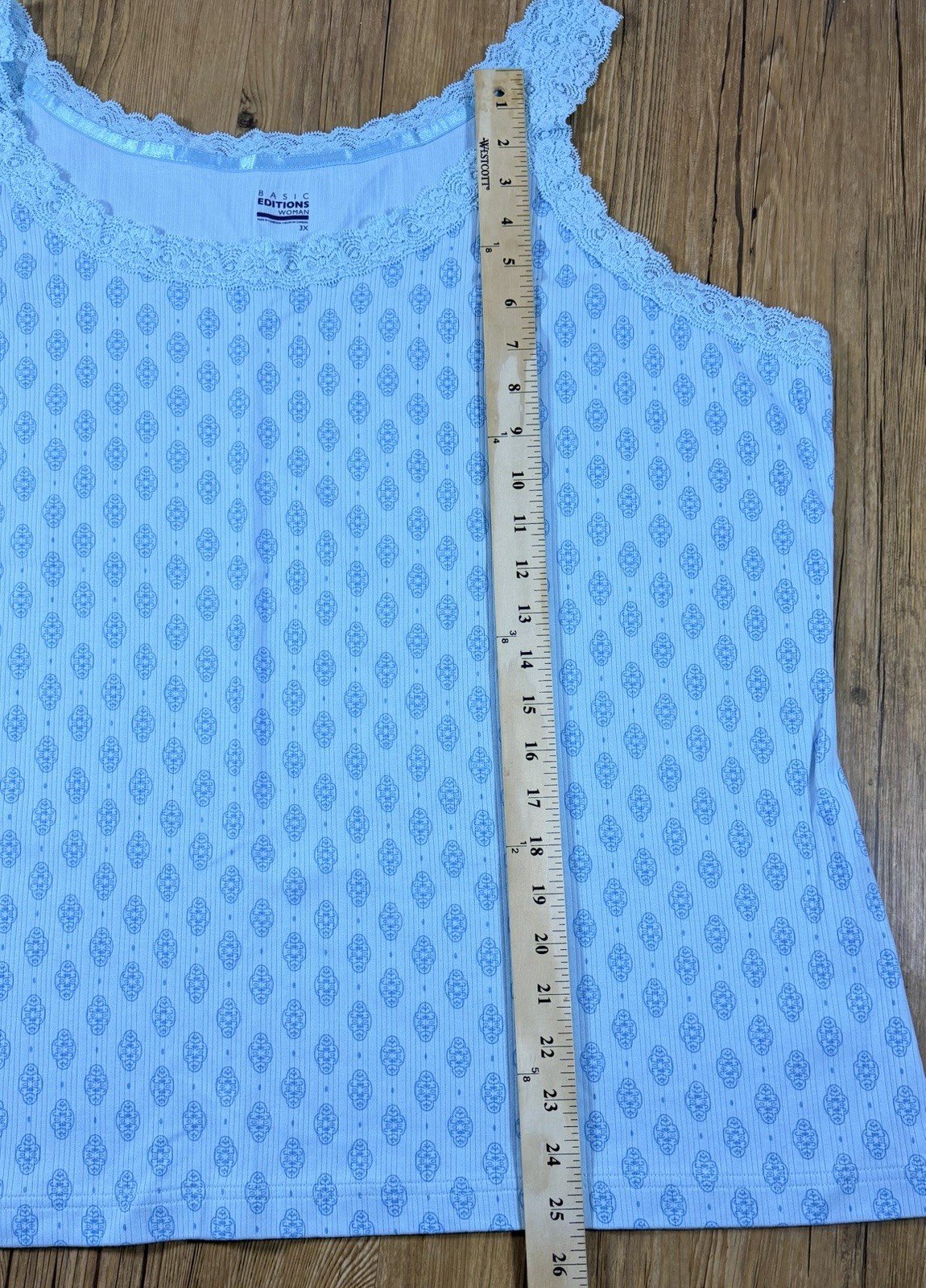 Basic Editions Woman 3X Blue Lace Trim Printed Cotton Tank Top Plus Size