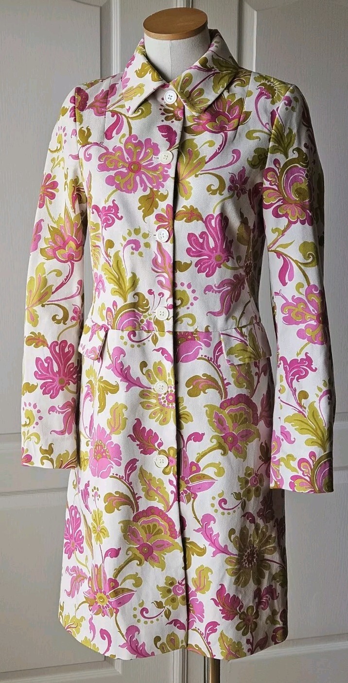 Boden UK 10 / US Size 6 Pink Green Floral Cotton Long Trench Coat Jacket