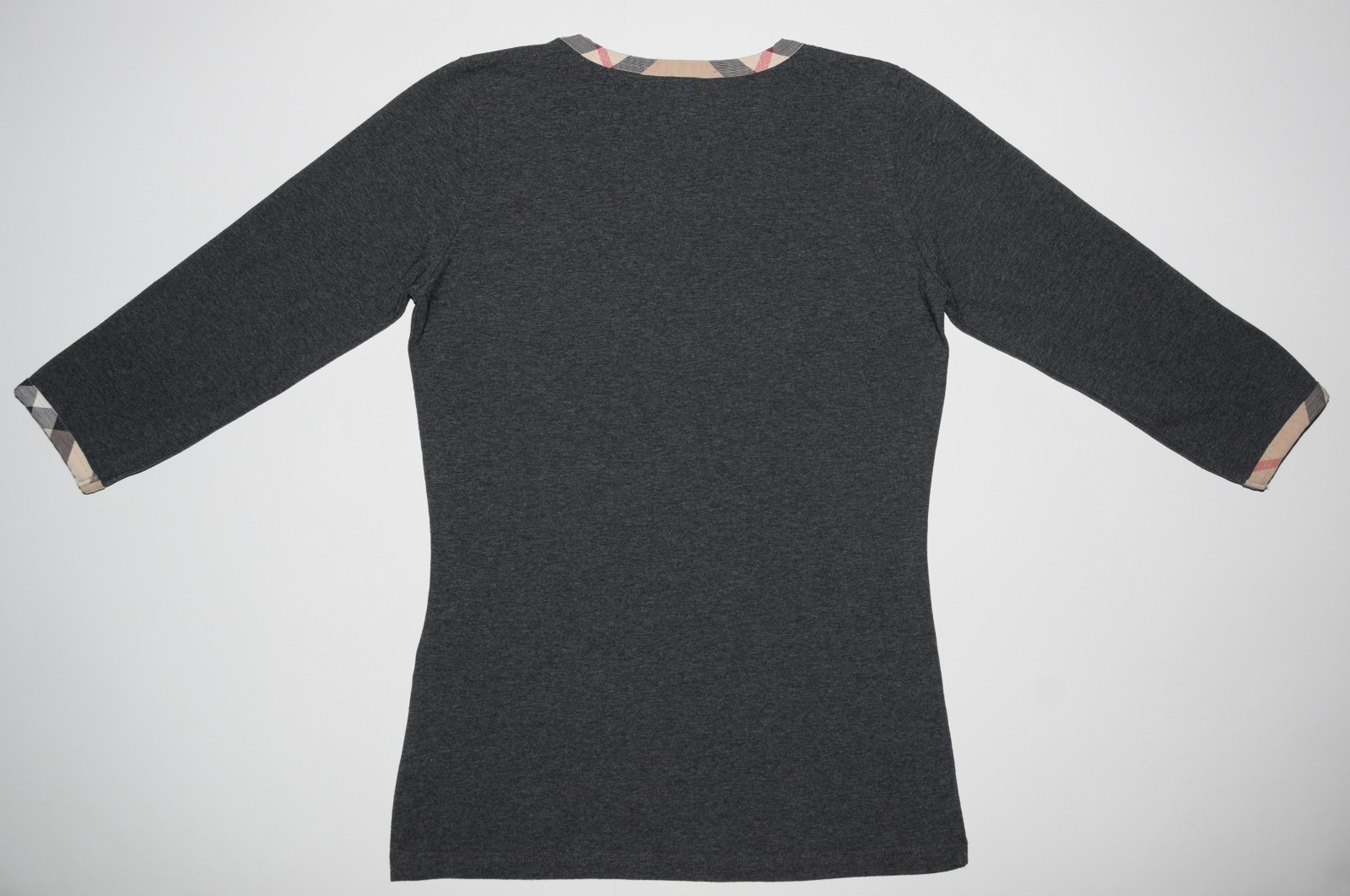 AUTHENTIC WOMEN’S BURBERRY BLOUSE NOVA CHECK TRIM STRETCH TOP Sz. S P2P 17″ MINT