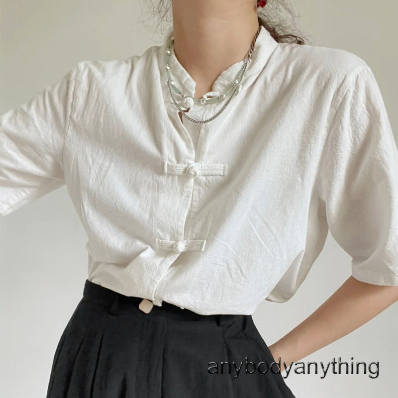 Lady Retro Chinese Frog Button Hanfu Shirt Ethnic Tai Chi Top Short Sleeve Basic