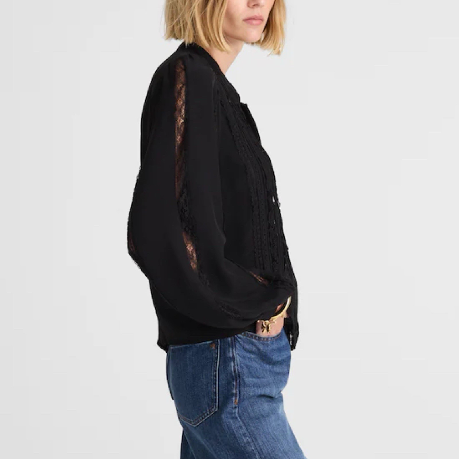 Madewell Lace-Insert Button-Up Long Sleeve Top Black Women Size Small NY338 New