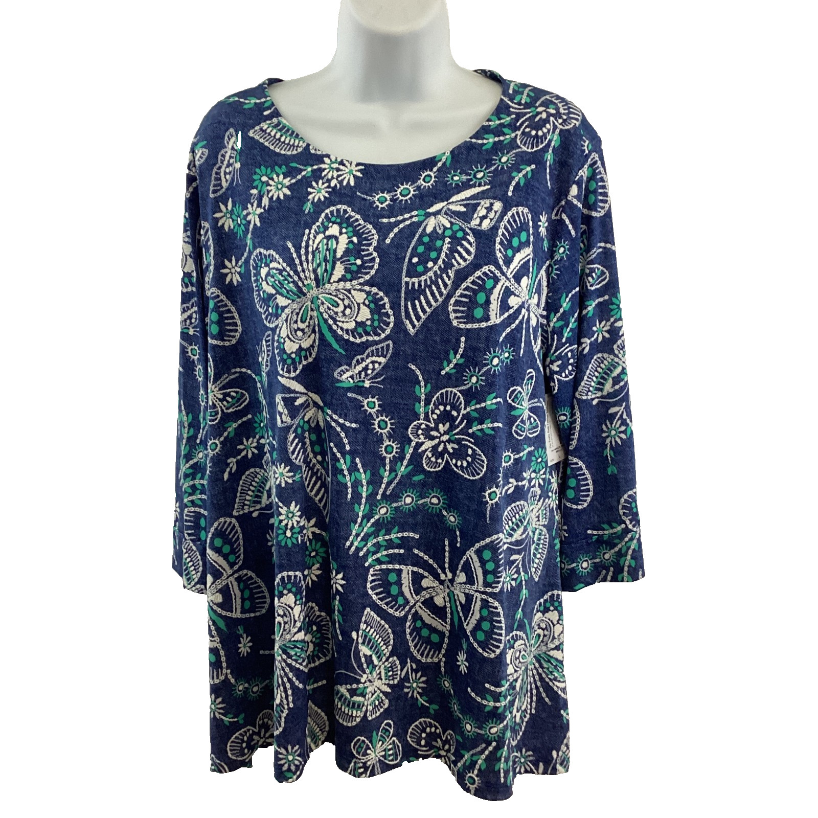 Southern Lady Women’s Large Butterfly Print Tunic Top 3/4 Sleeve Blue NWT