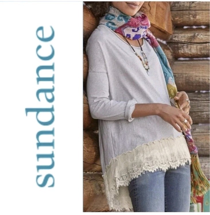 Sundance Frieda Tee Hi Lo Lace Trim Tunic Top Gray Long Sleeve Lagonlook Large