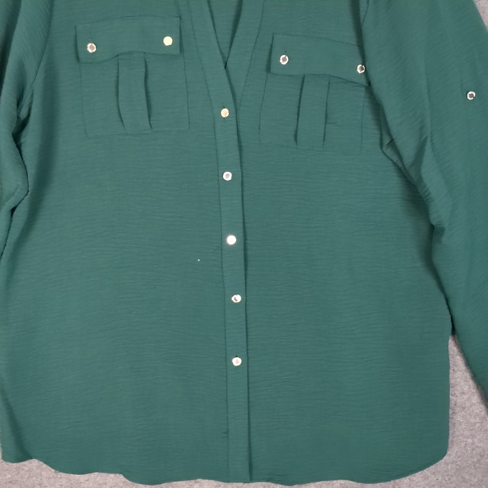 Calvin Klein Womens XL Dark Green Roll Tab Sleeve Utility Button Up Blouse Shirt