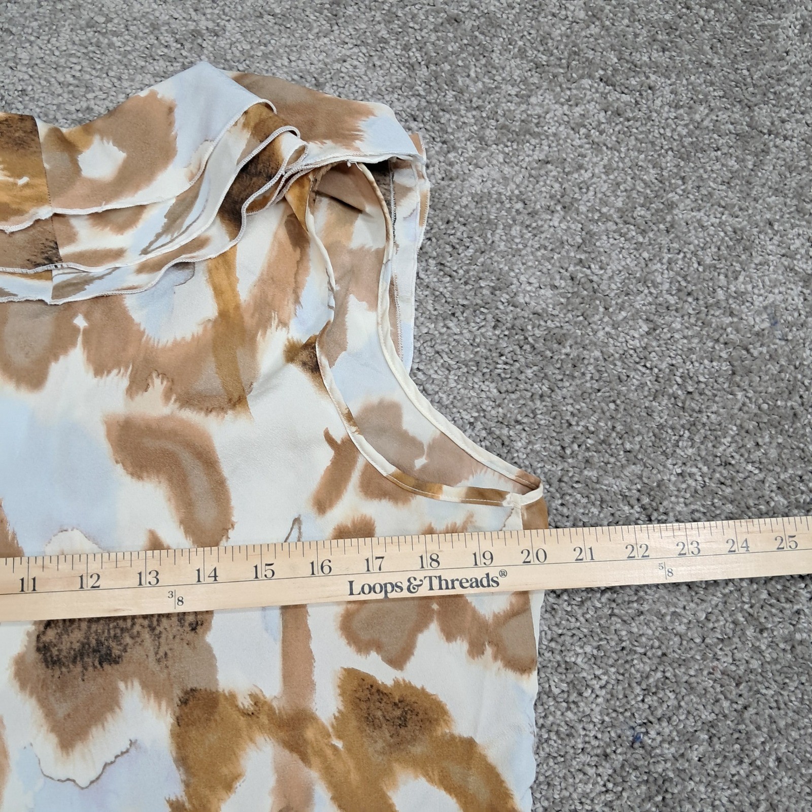 Milano Womens XL Abstract Watercolor Ruffle Neck Sleeveless Blouse Tan 7206