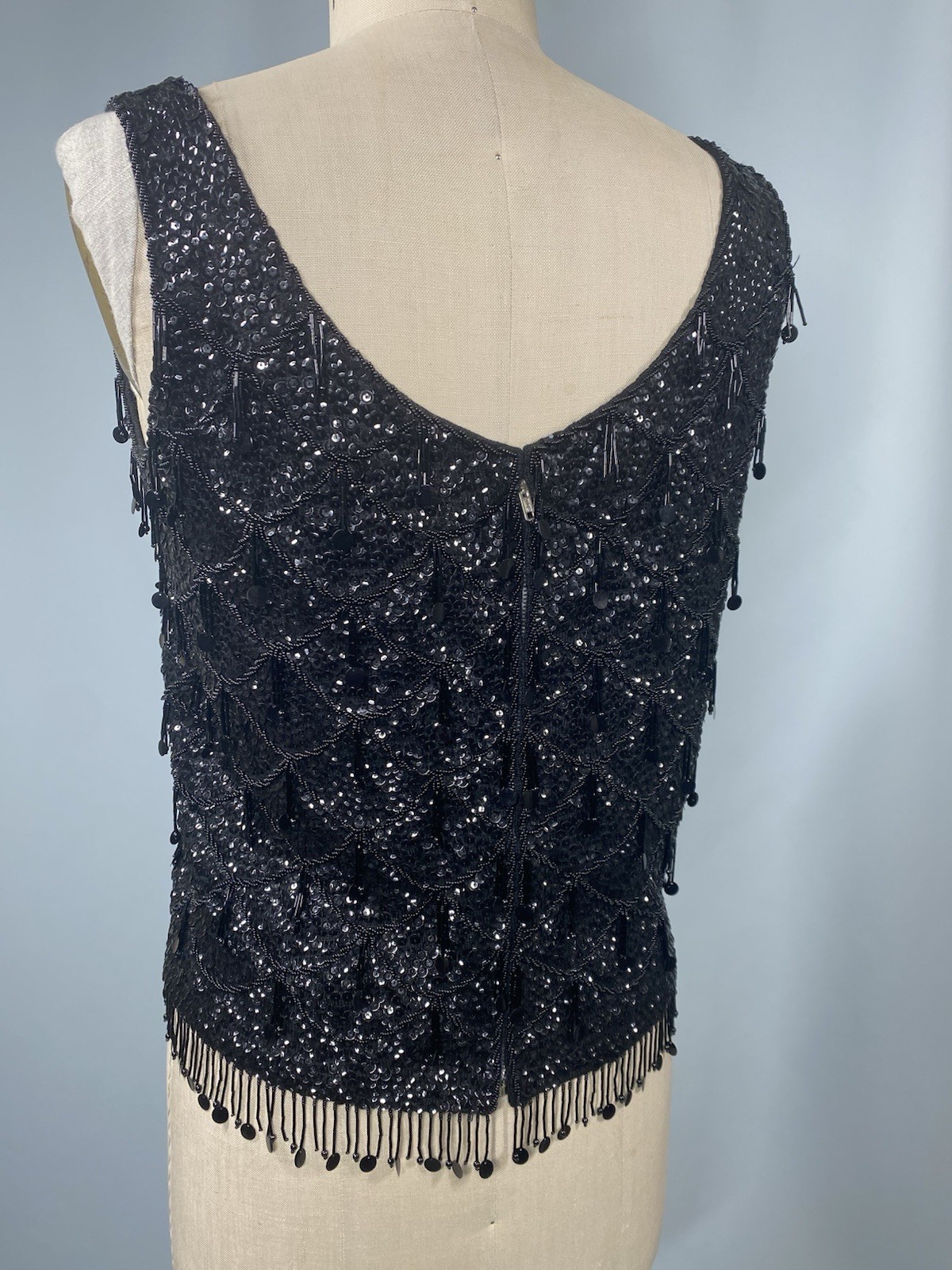 Vintage Sequin Top SIZE MEDIUM M black beaded fringe MACY’S Hong Kong 60s 70s