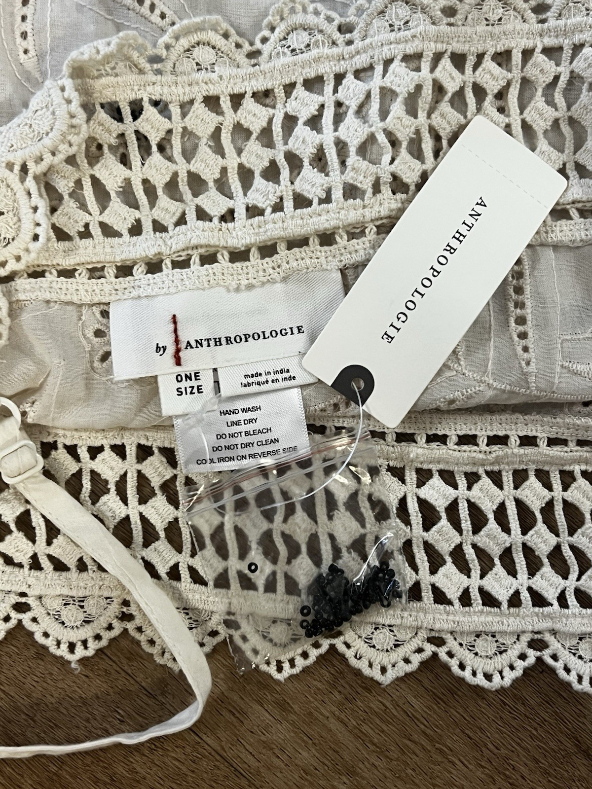 NWT Anthropologie One Size Ivory Eyelet Lace Crochet Camisole Beaded Side Ties