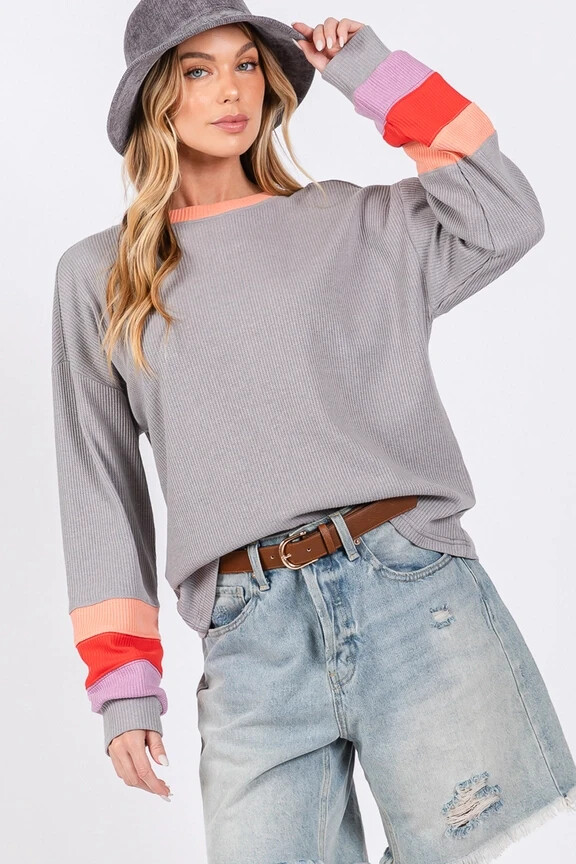 SAGE & FIG CASUAL COLORBLOCK RAGLAN SLEEVE TOP HEATHER GRAY ST-7271- SMALL