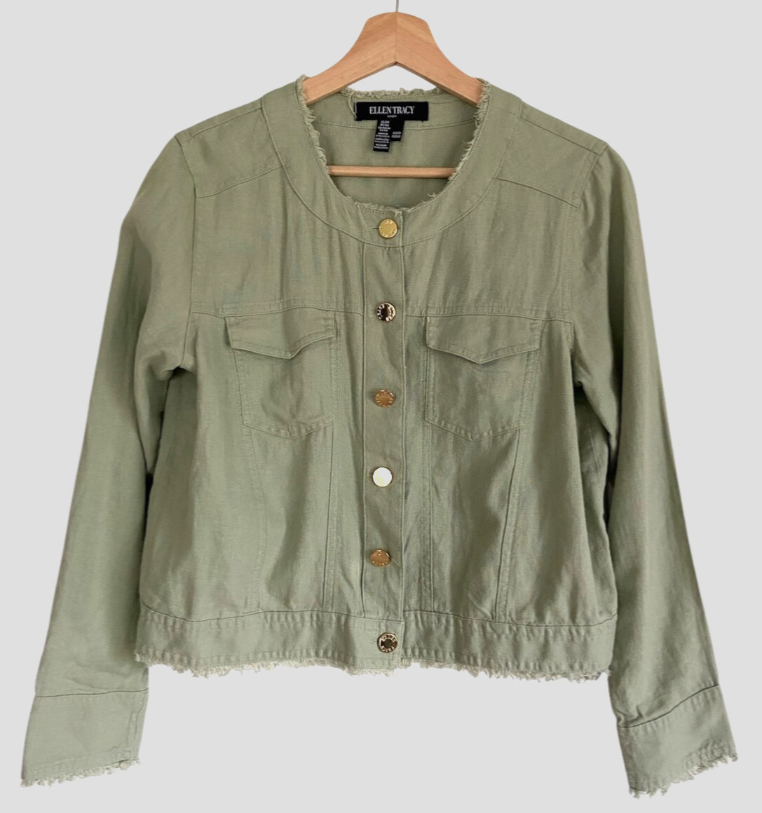 Ellen Tracy Linen Jacket Size MP Green Lightweight Shacket Casual Top Button Up