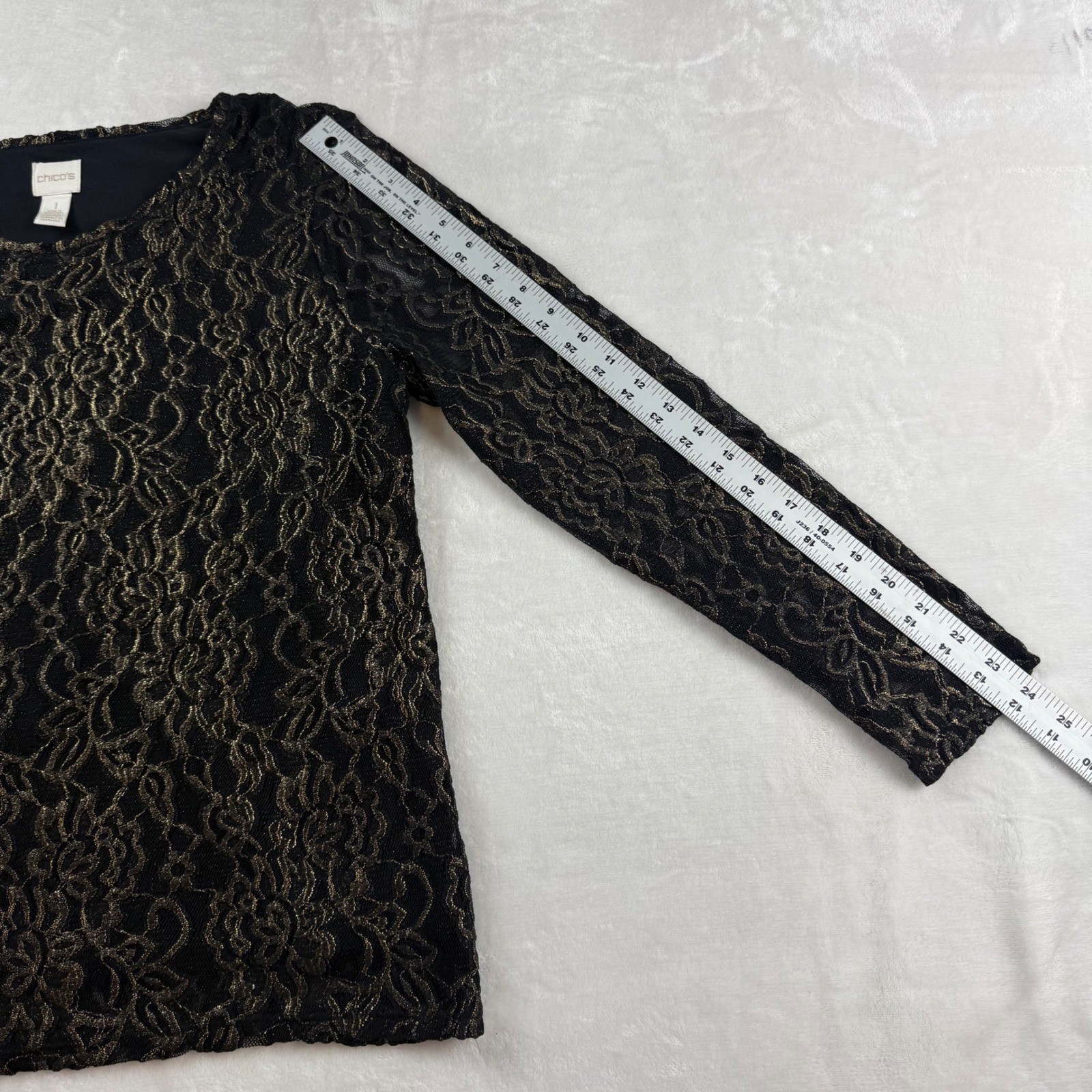 Chico’s Foil Lace Blouse Womens 1 Black Gold Metallic Shimmer Party Long Sleeve