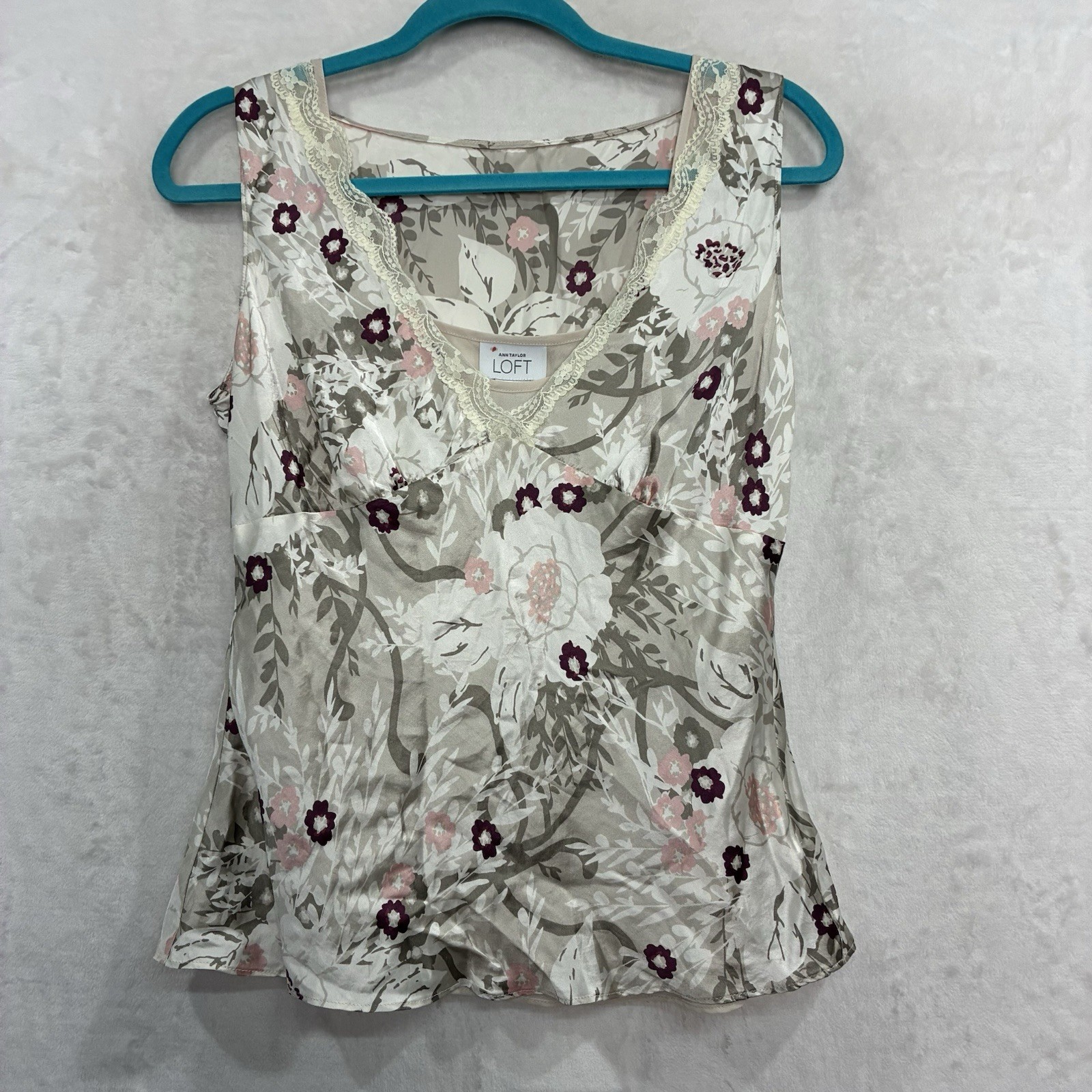 Vtg Y2K Loft Women 6 Silk Floral Babydoll Satin Tank Lace Trim Fairy Coquette