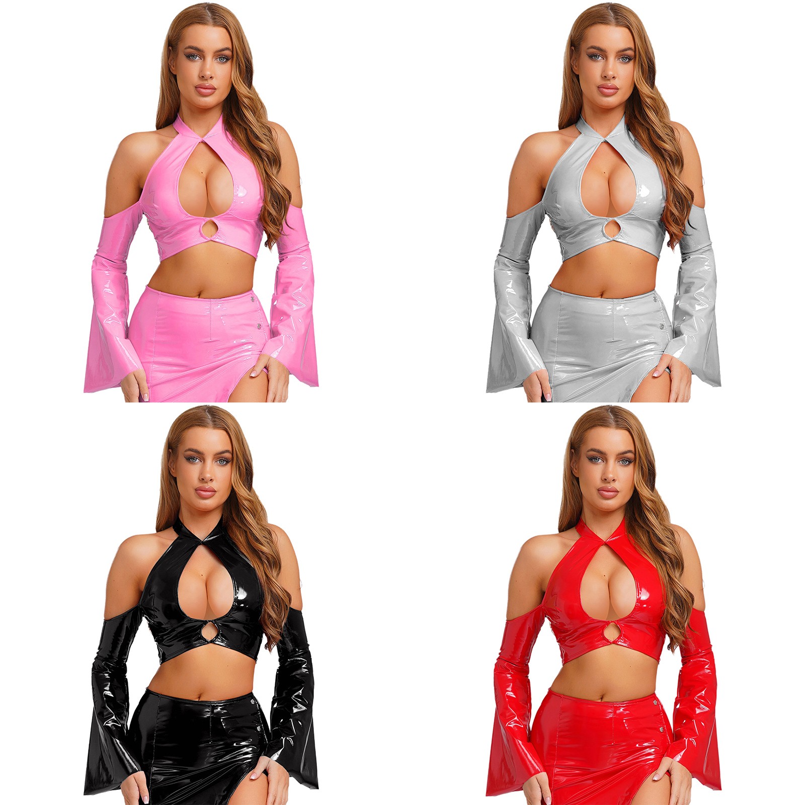 Women Shiny Patent Leather Crop Tank Top Flared Sleeve Open Front Zipper Latex