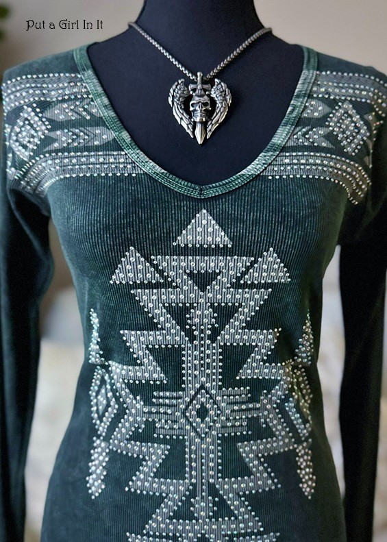 New VOCAL Womens CRYSTAL MINERAL WASHED OLIVE AZTEC BIKER BLING SHIRT S M L XL