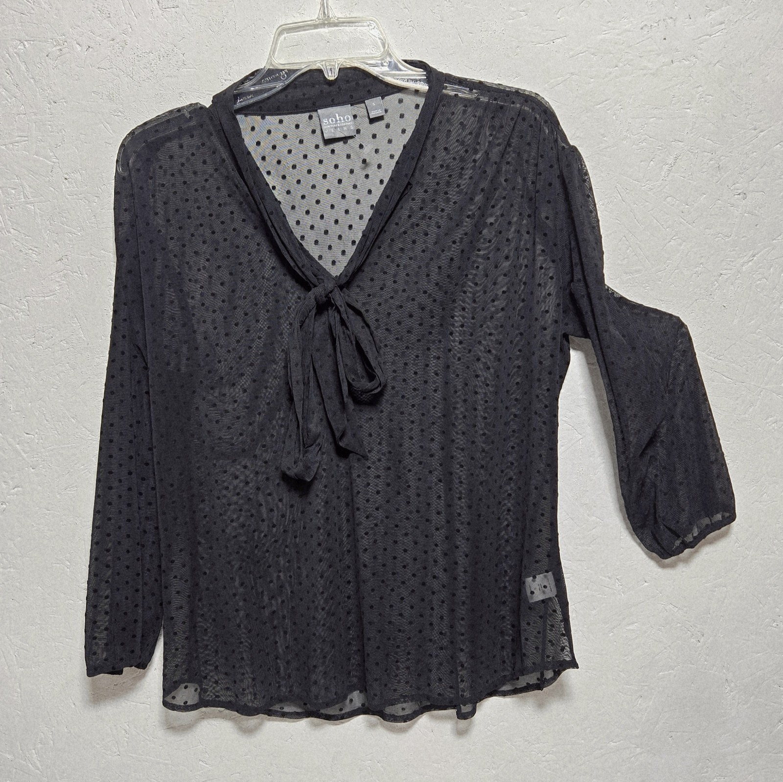 Soho Black Sheer Mesh Polka Dot Top S Goth Fairy Y2K style Bow tie New old stock