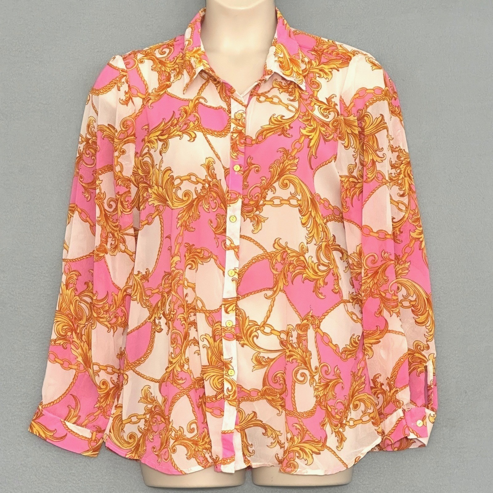 Fresh of LA Womens Top 2X Pink Gold Scroll Chain Print Sheer Feminine Retro 90s