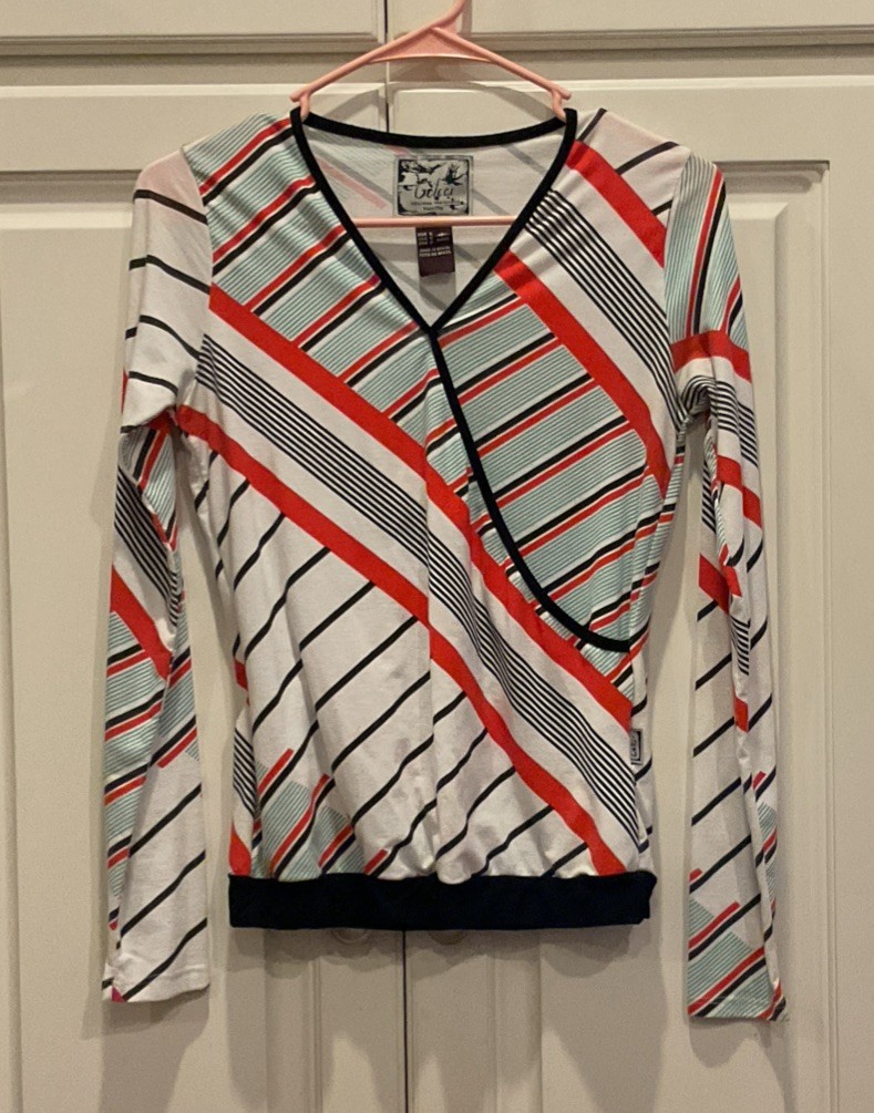 Vintage Colcci Long Sleeve Wrap Top Retro Asymmetrical Geometric Stripe Vneck SM