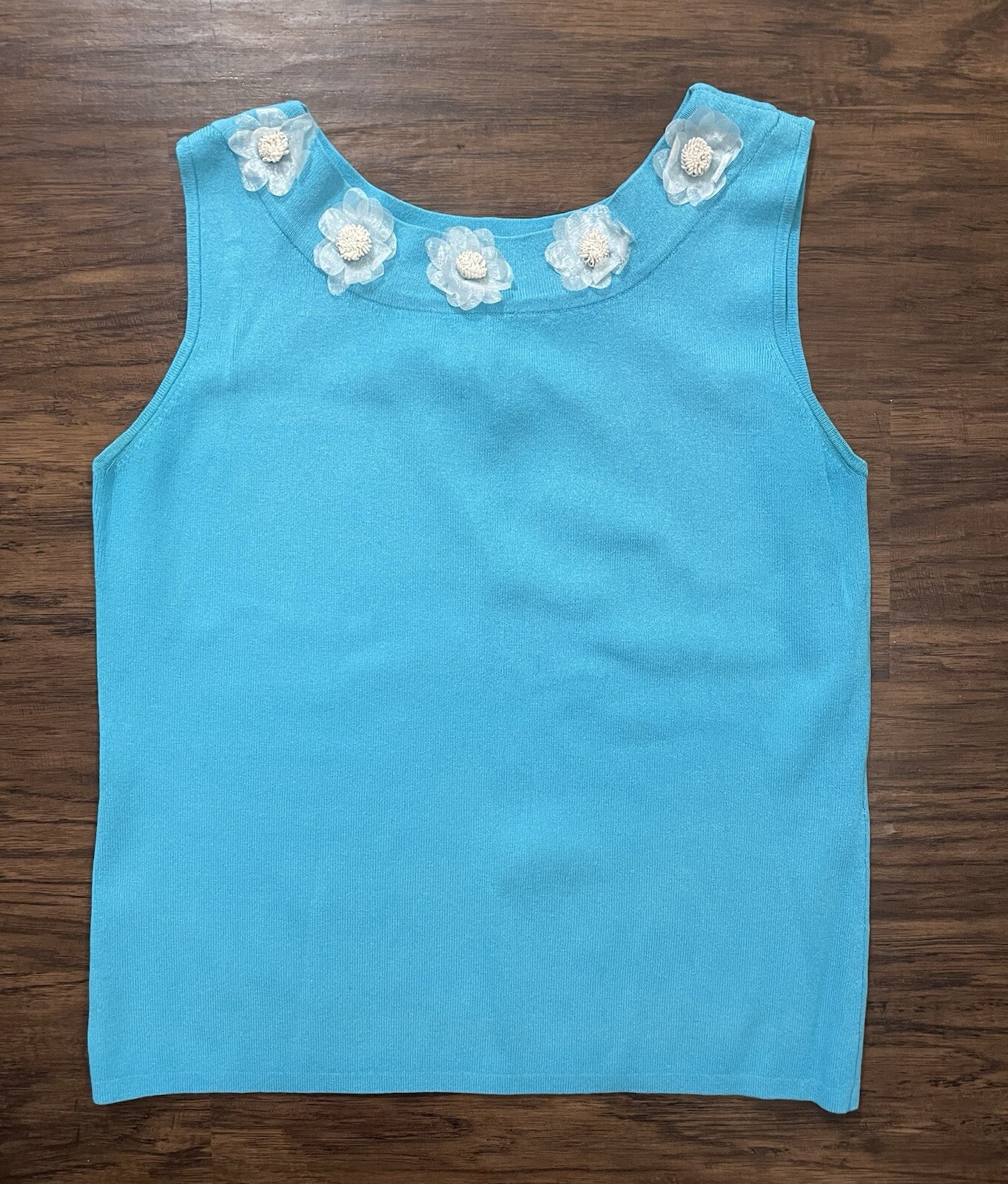 Women’s Vintage 90’s Turquoise Teal Tank Top with Silk Floral Collar Size S