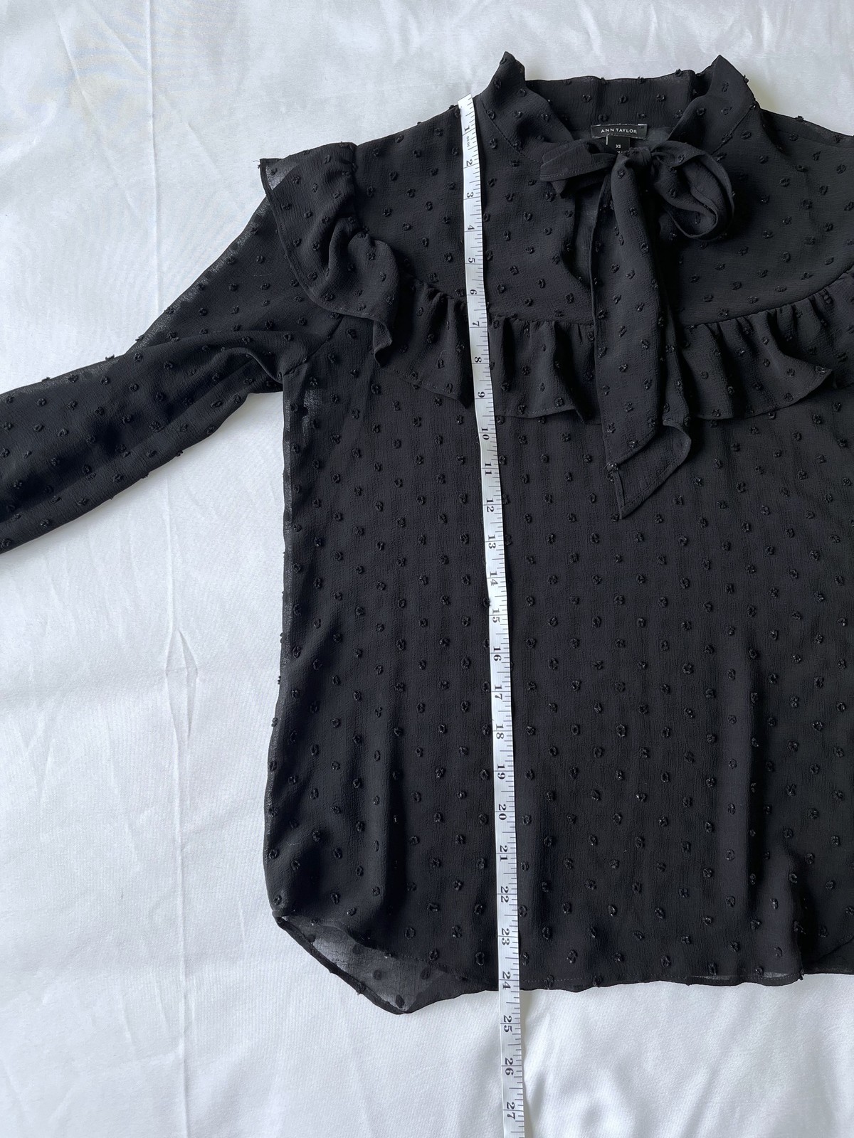 Ann Taylor Sheer Clip-Dot Ruffle Tie-Neck Blouse – Black – Size XS
