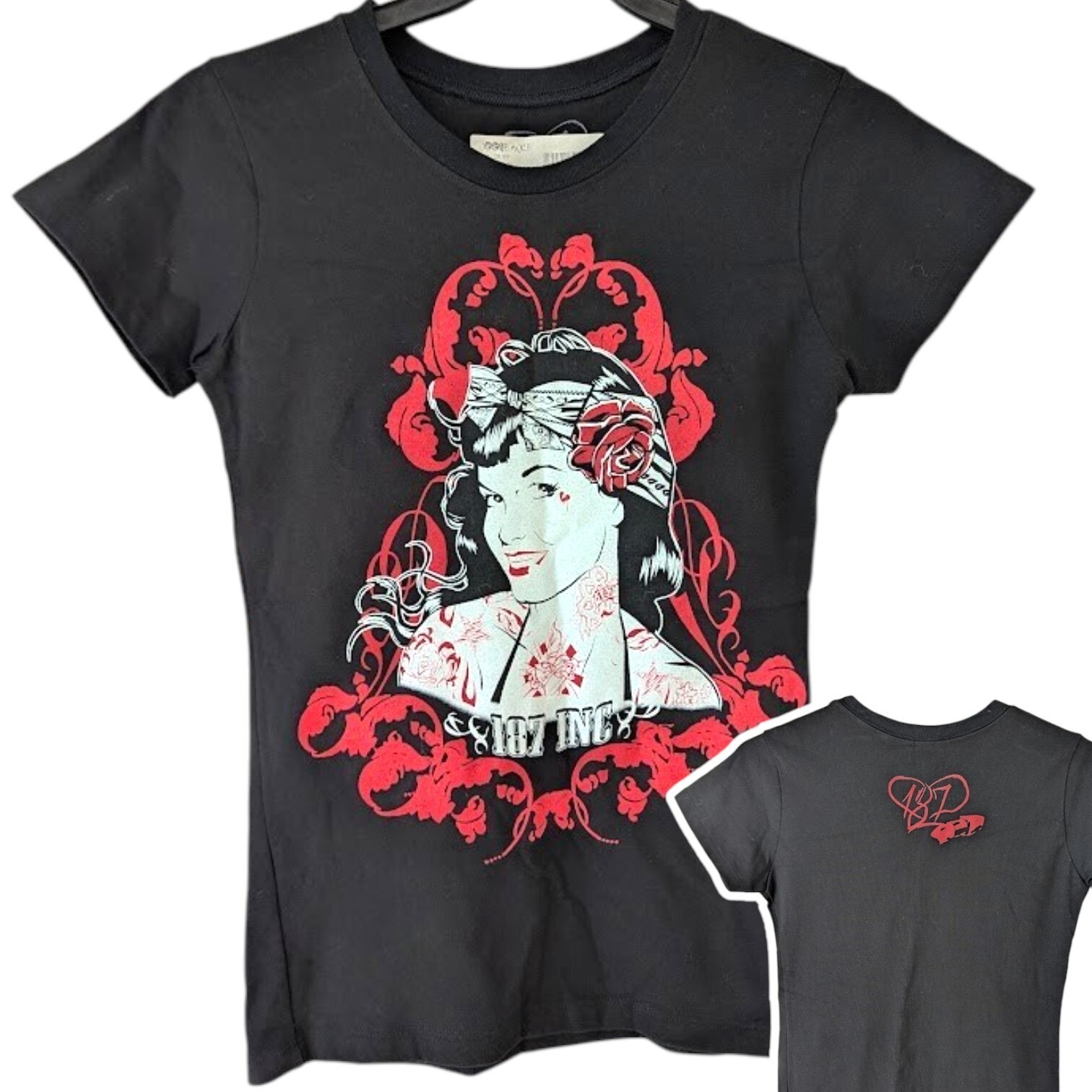 Vintage 187 Inc Tattoo Pinup Girl T-Shirt Womens M Black NWT Skater Y2K 16.5×26