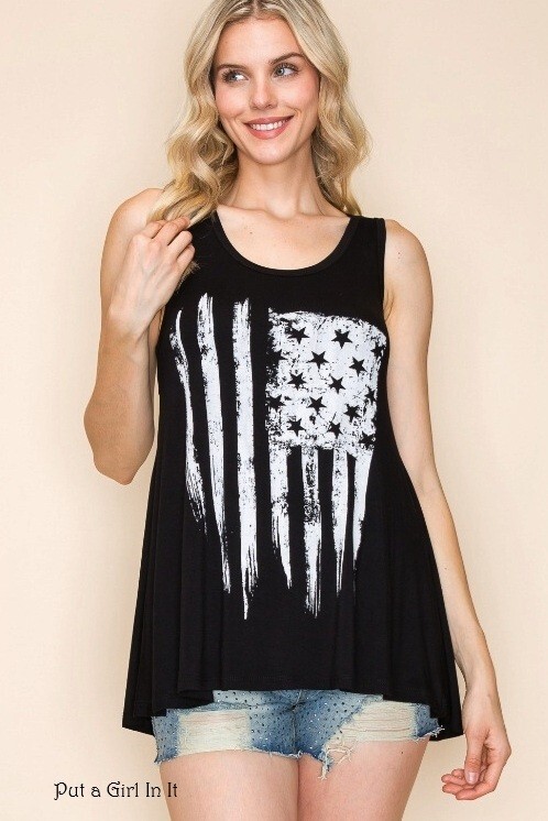 USA VOCAL Womens BLACK WHITE AMERICAN FLAG SWING A LINE TANK TOP SHIRT S M L XL