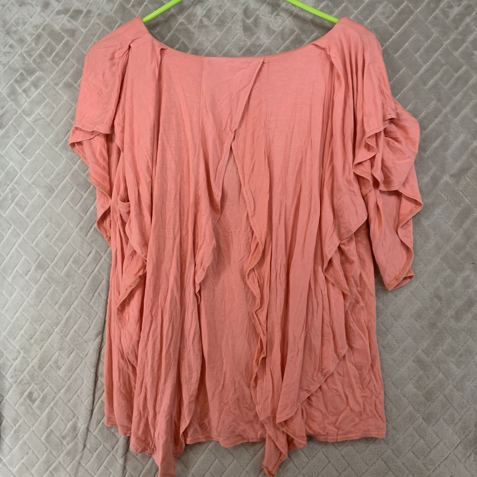 Studio 101 Blouse Women L Coral Orange Short Sleeve Ruffle Boho Hippie Lagenlook