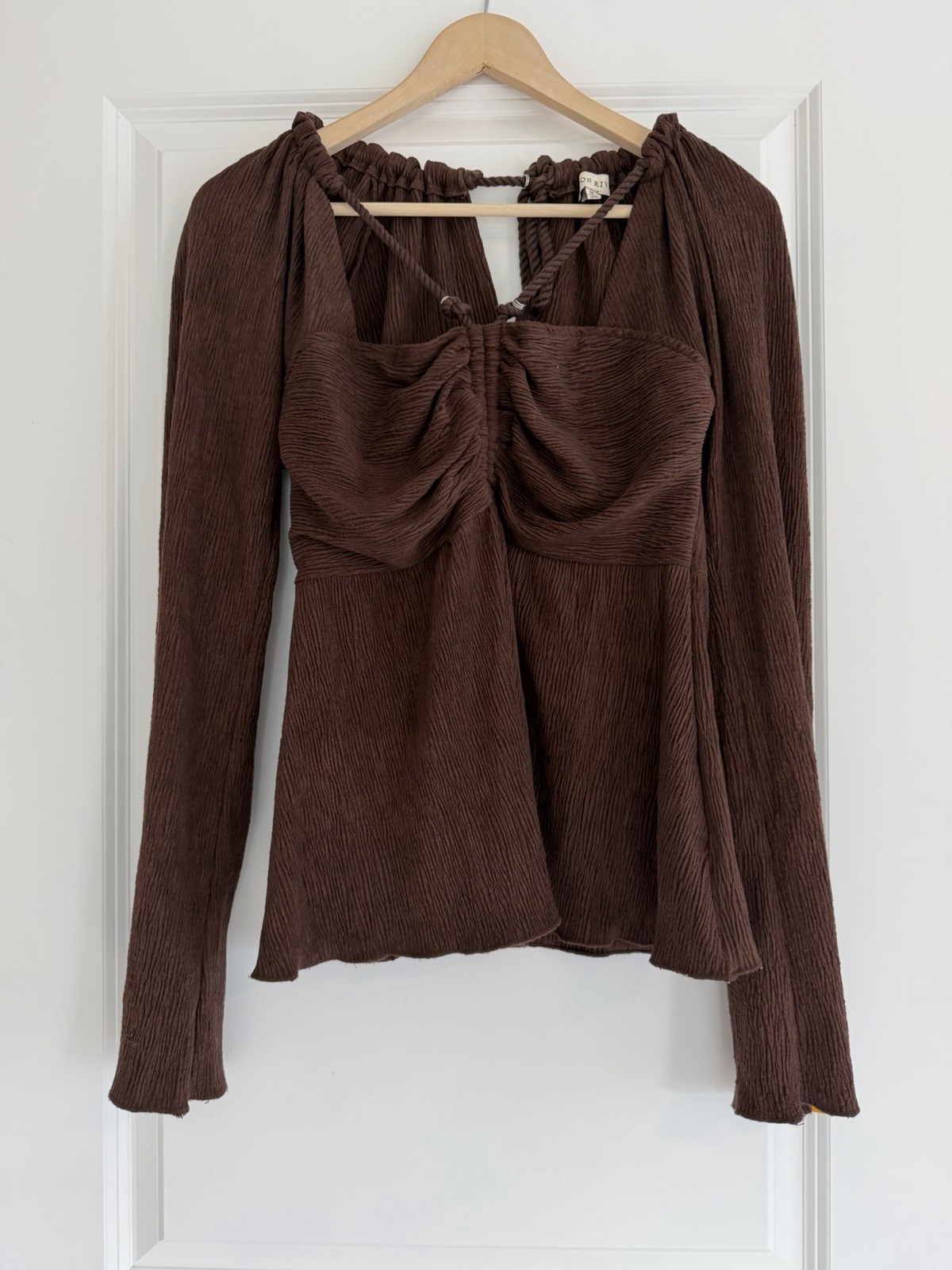 Moon River Chocolate Brown Textured Blouse with Rope Tie Neckline M Whimsical