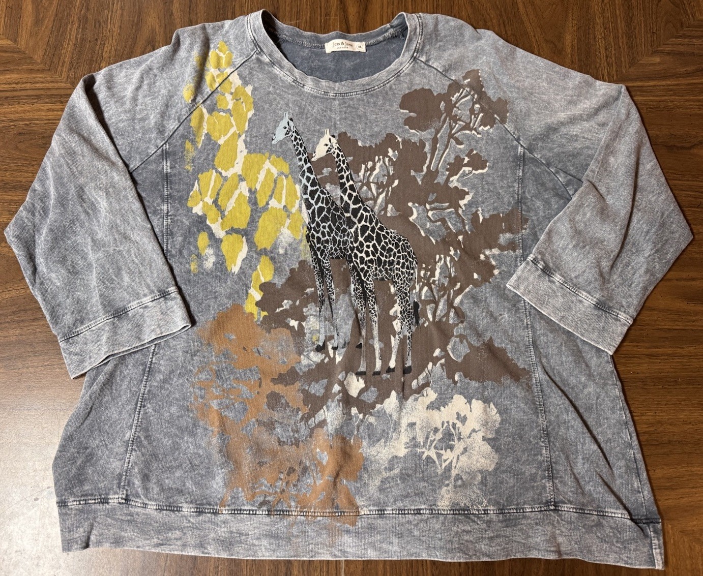 Jess & Jane “Kenya” Tunic Top Giraffe Print 3/4 Sleeve Chiffon Hem USA Art XL
