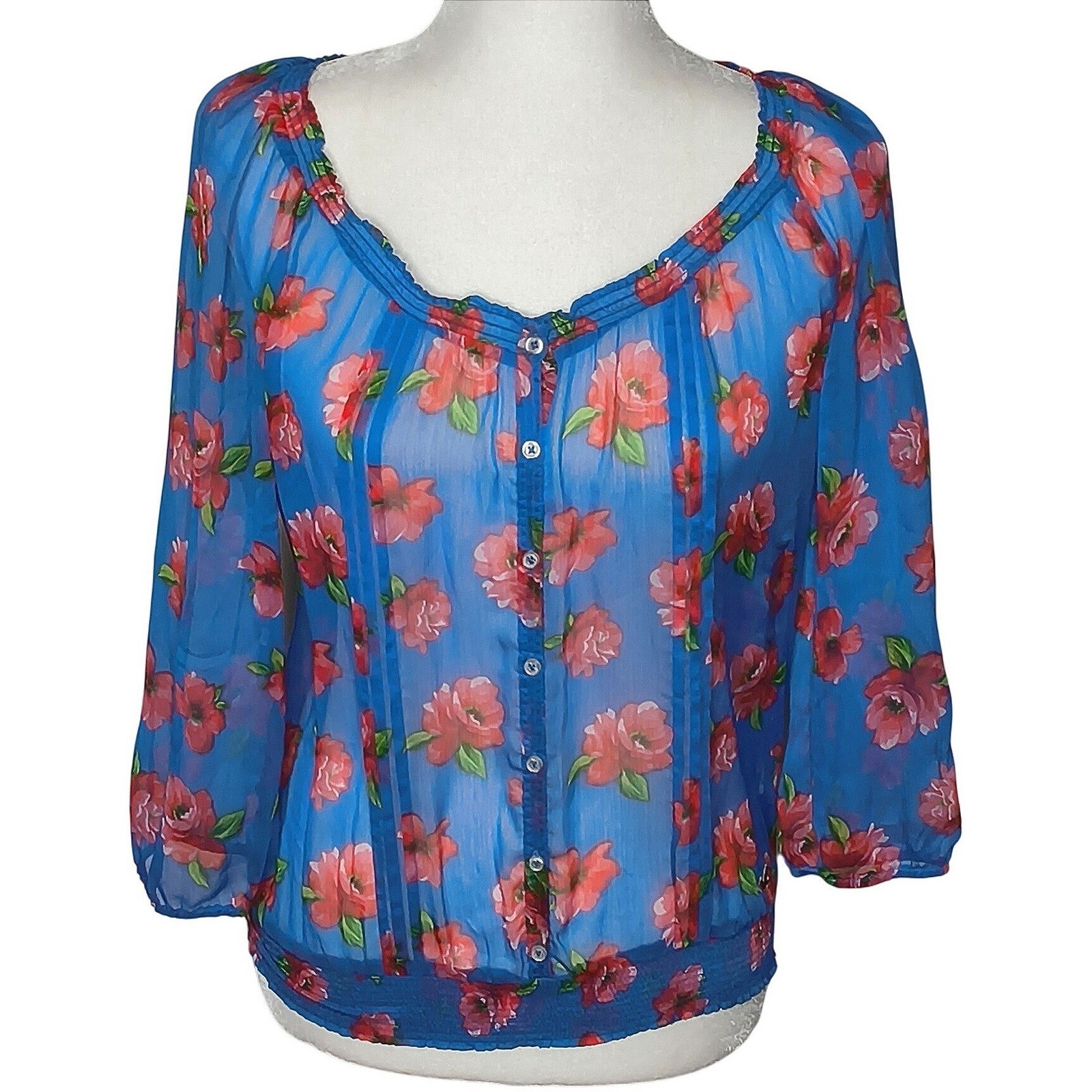 Cottagecore Hollister Floral Blouse Women Large Blue Sheer Smocked Hem Top