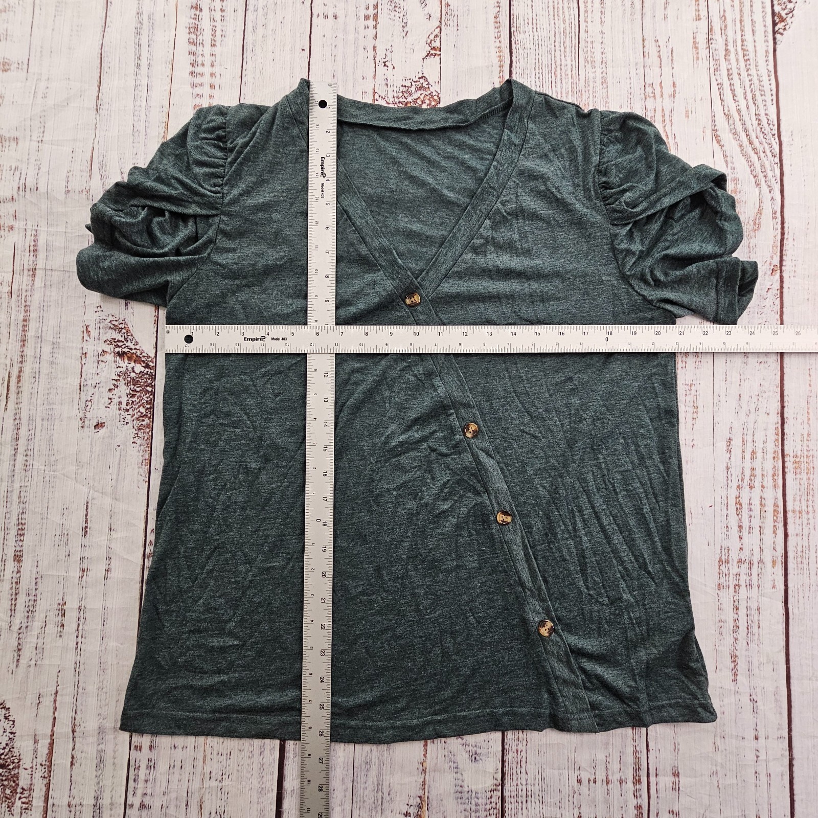 Emery Rose Heathered Green Puff Sleeve Asymmetrical Button Pullover Blouse XL