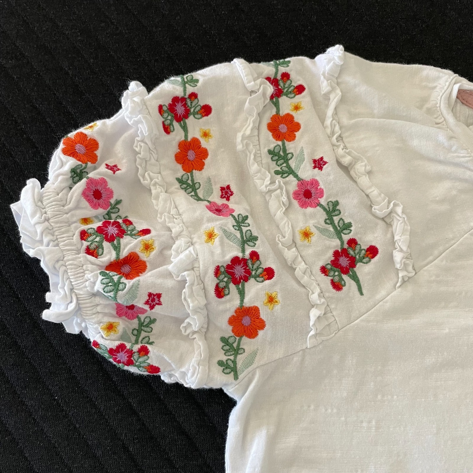 Boden Womens White Floral Embroidered Ruffle Puff Sleeve Jersey Top Cotton US2