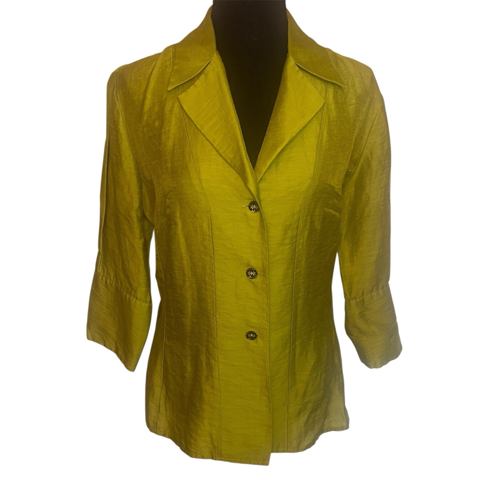Farinaz Taghavi Linen Blend Blazer Sz 10 Green 3/4 Sleeve Floral Buttons Luxury