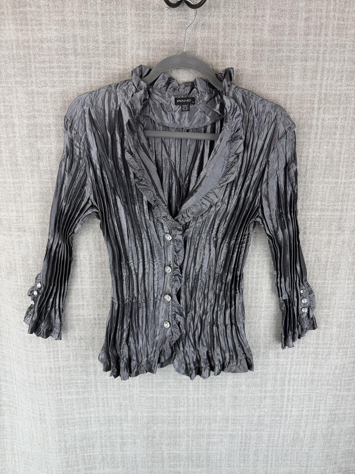 Piano Blouse Womens M Silver Pleated Ruffle Button Rhinestone V-Neck Party