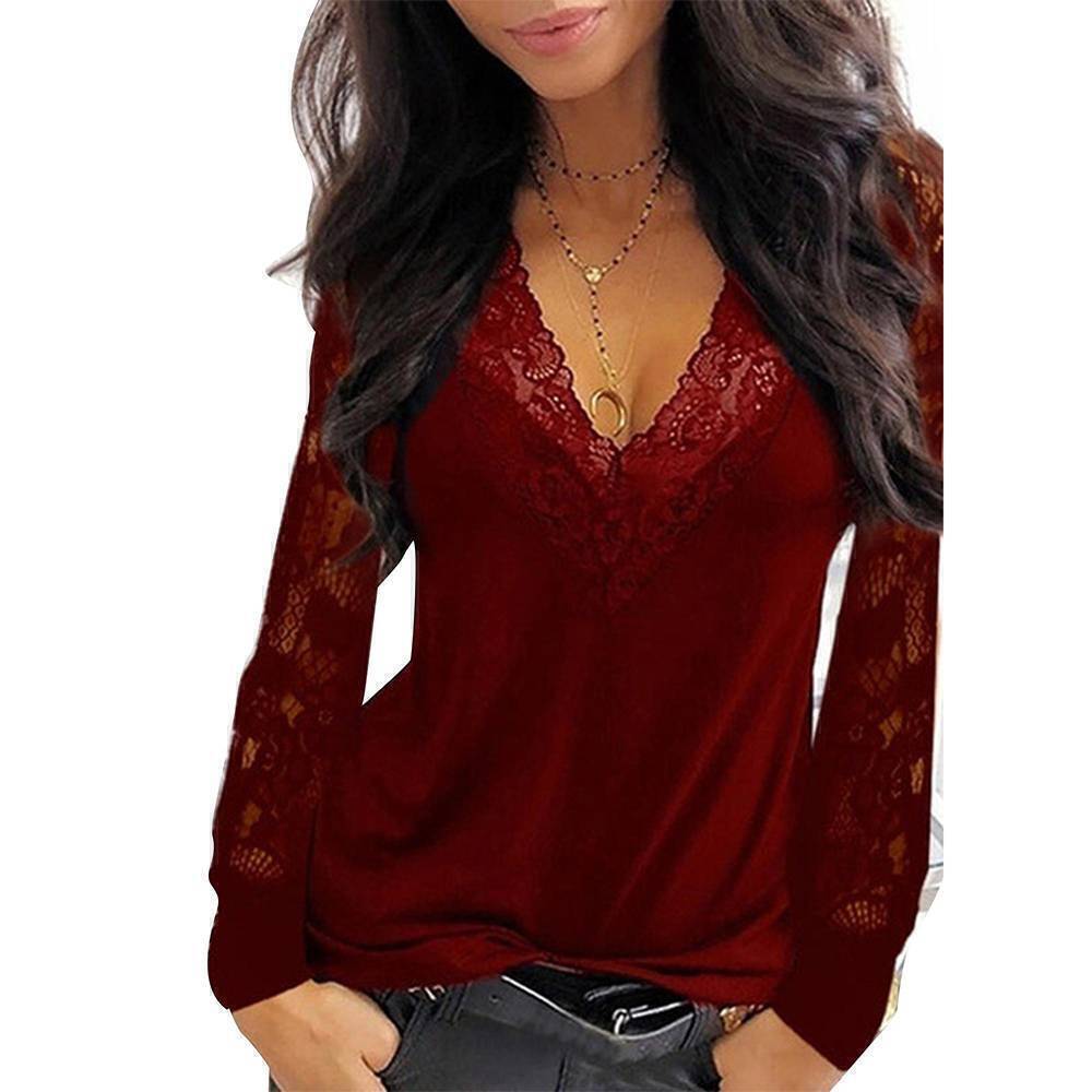 Womens Sexy Lace Long Sleeve Tops Ladies V Neck Casual Pullover T-Shirt Blouse