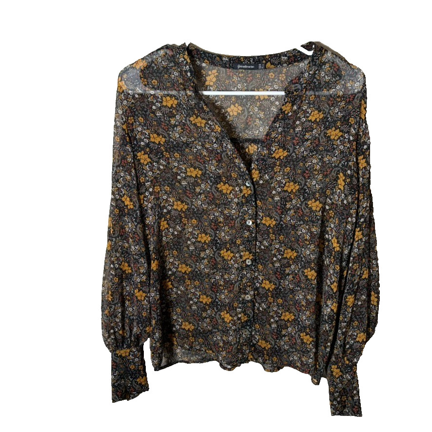 Stradivarius Blouse Women’s Small Button Up Floral Sheer Long Sleeve Top