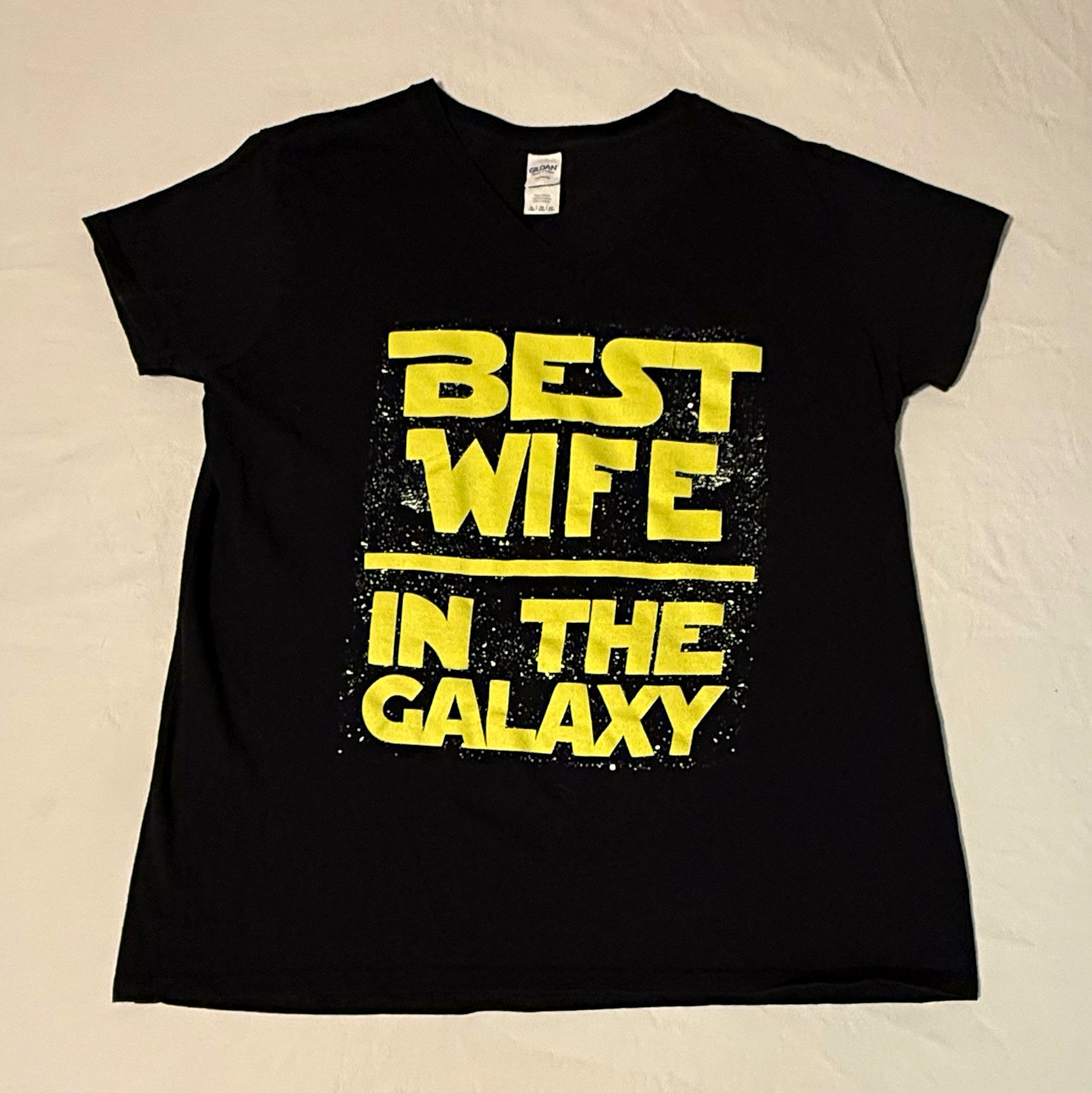 Best Wife In The Galaxy Star Wars Style Black V-Neck Graphic Tee Womens XL