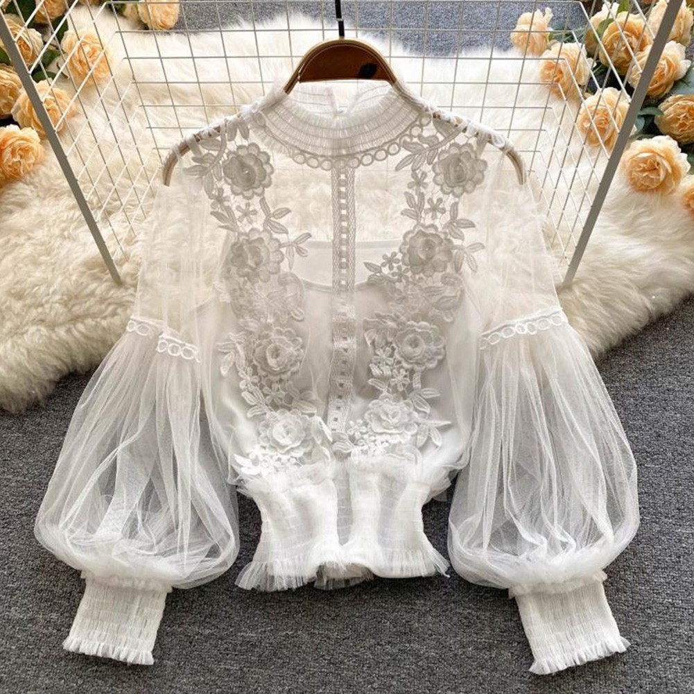 With Lace Puff Sleeves Elegant Tops For Ladies Women Retro Style Blouse
