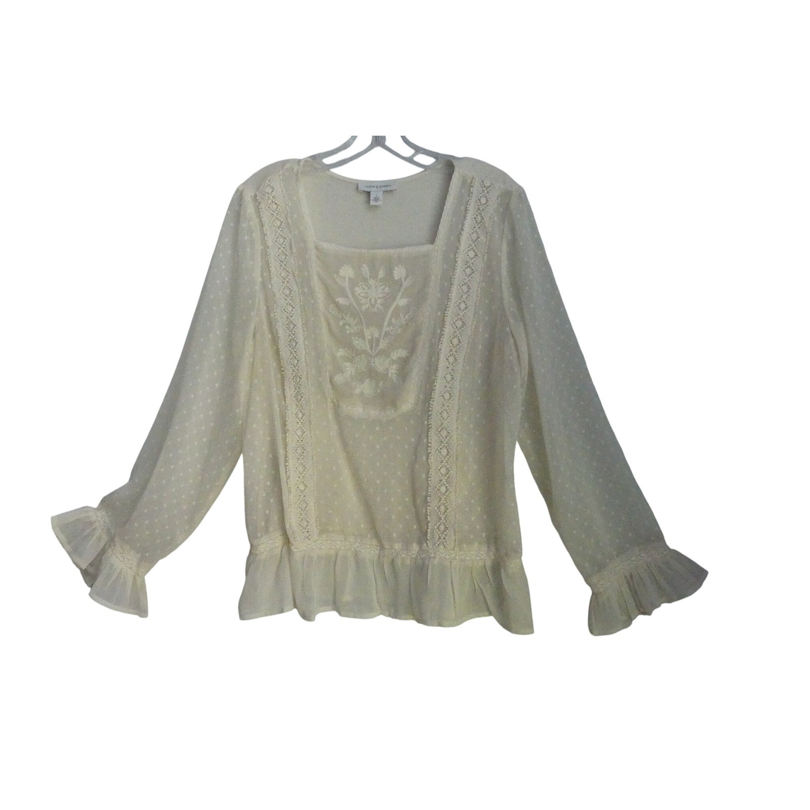 Vintage America Jules Embroidered Swiss Dot Lace Ruffle Blouse L Peasant Prairie